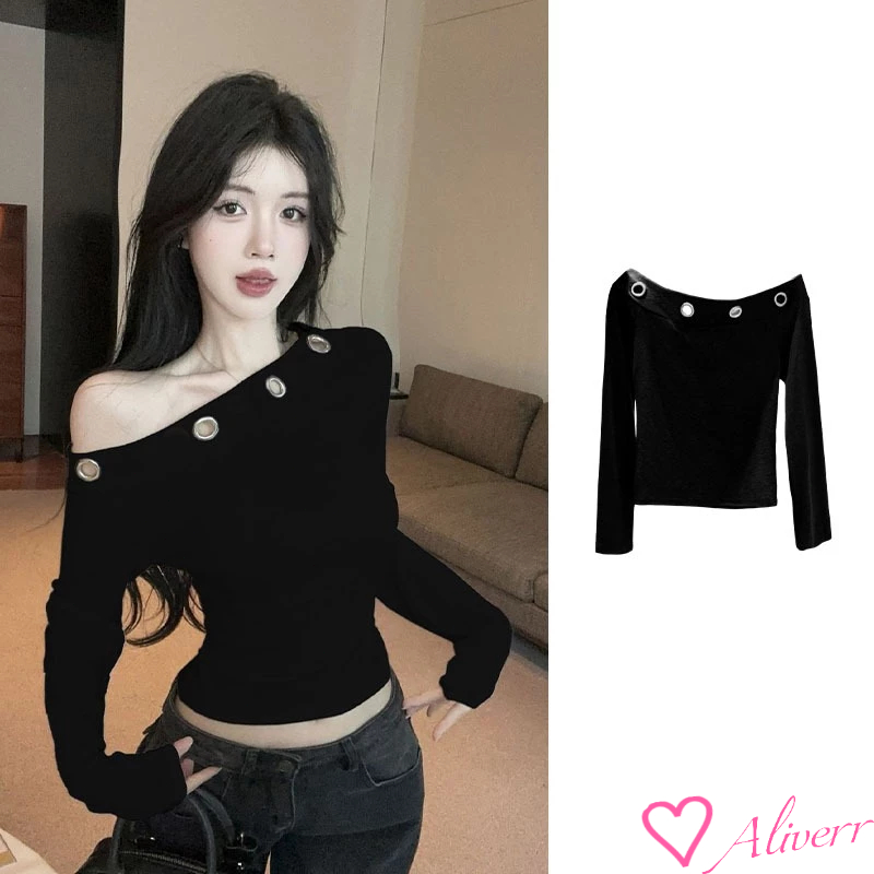 เสื้อยืดแขนยาวปิดไหล่ผู้หญิงเสื้อ Bottoming เอวด้านบนหดสาวร้อน LIVE