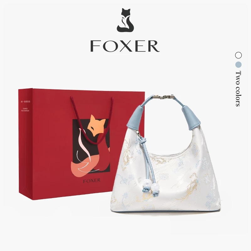 FOXER กระเป๋าถือผู้หญิง รูปทรงพระจันทร์เสี้ยว พิมพ์ลายสไตล์จีน เหมาะสำหรับใช้ในชีวิตประจำวัน