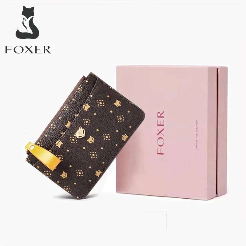 FOXER กระเป๋าสตางค์สั้นแบบมีซิป ดีไซน์บางเฉียบ ที่ใส่บัตรเครดิต กระเป๋าสตางค์ผู้หญิง ที่หนีบเหรียญสีน้ำตาลกาแฟ