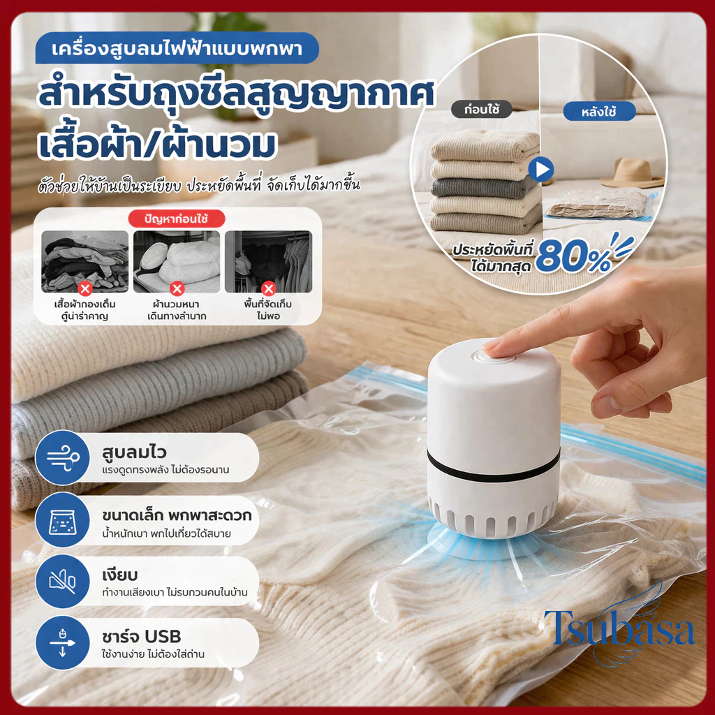 เครื่องสูบไฟฟ้าถุงสูญญากาศ + ถุงสุญญากาศ ทนความร้อน แบบพกพา ประหยัดพื้นที่ ใช้งานง่าย รุ่นใหม่ล่าสุด Electric Air Pump