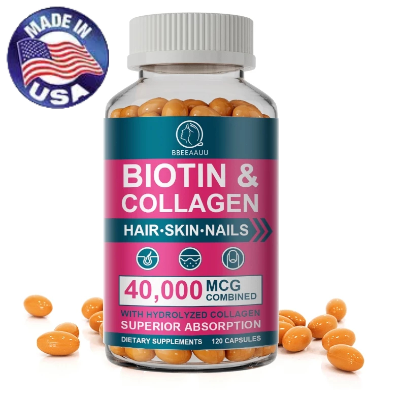 Biotin & Collagen - 40,000mcg 120 แคปซูล, วิตามินผิว, ไบโอติน, คอลลาเจน, ต่อต้านริ้วรอย, ผม, ผิวหนัง