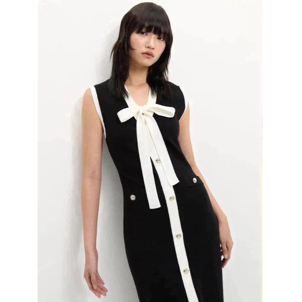 [Pomelo] เดรสถักผูกโบว์ด้านหน้า / Bow Tie Knit Dress
