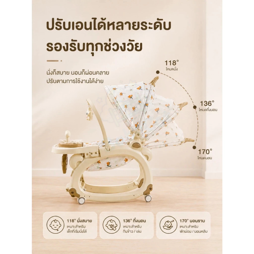เก้าอี้โยกเด็ก เก้าอี้ทานข้าว + รถพกพา + ของเล่น เหมาะสำหรับทารก พกพา เพดานบังแดด 0-3 ปี thumbnail 3