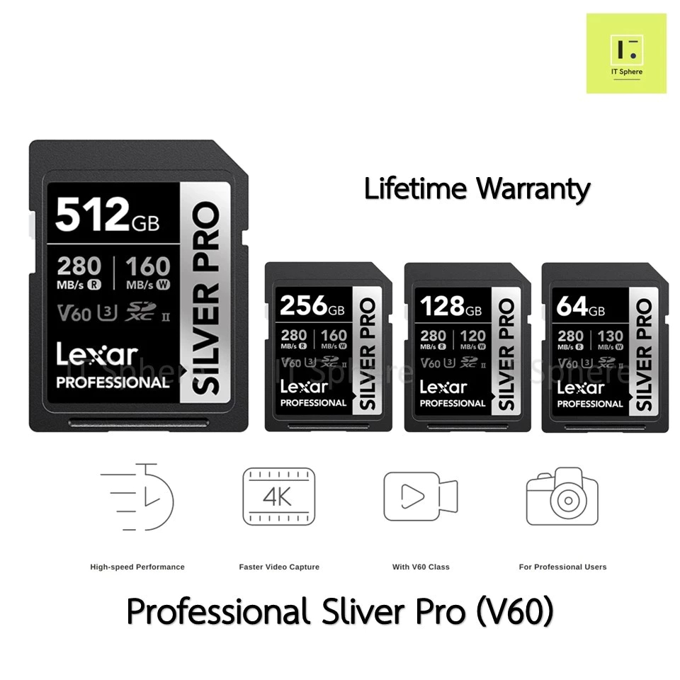 Lexar Professional Silver PRO SDXC UHS-II U3 V60 64GB 128GB 256GB SD CARD sdcard class10 C10 4K memory card กล้อง DSLR