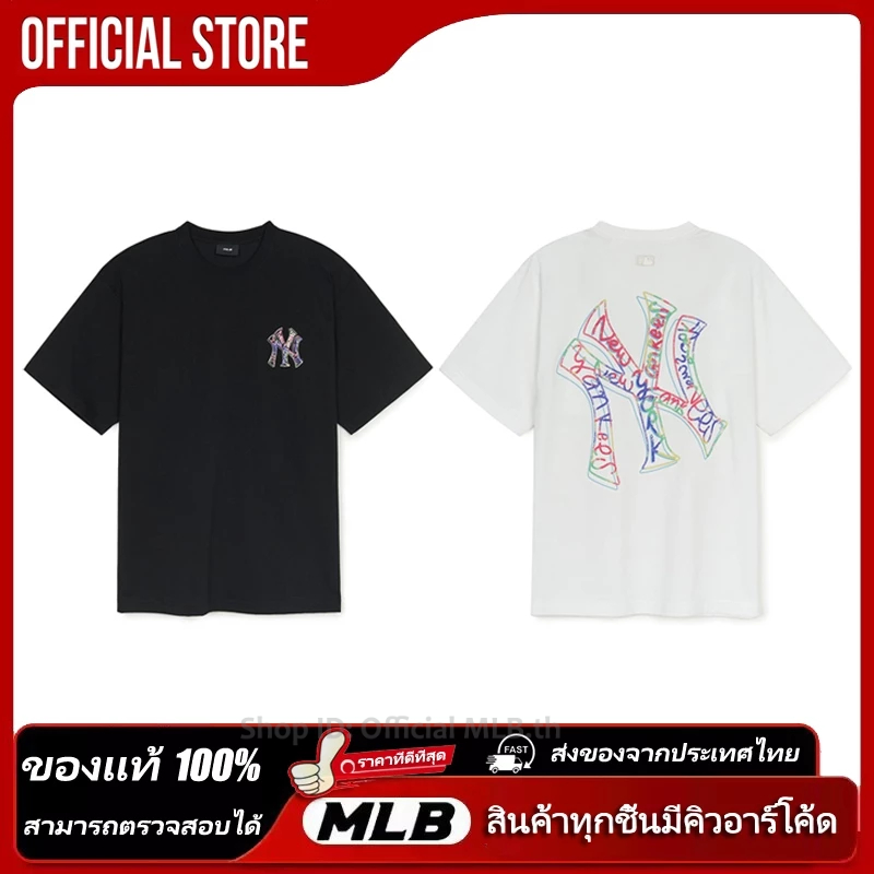 Discount ของแท้ สตรีทแฟชั่นเกาหลี MLBเสื้อยืด T-Shirt Basic Mega Logo Oversized-Fit Fashion