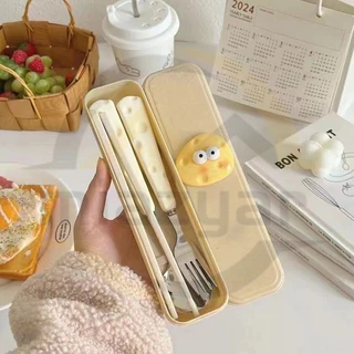 😍COD😍CUTE CHEESE 🧀ชุดช้อนส้อมชีส สแตนเลส ช้อน+ส้อม+ตะเกียบ ชุด3ชิ้น ช้อน พกพาสะดวก