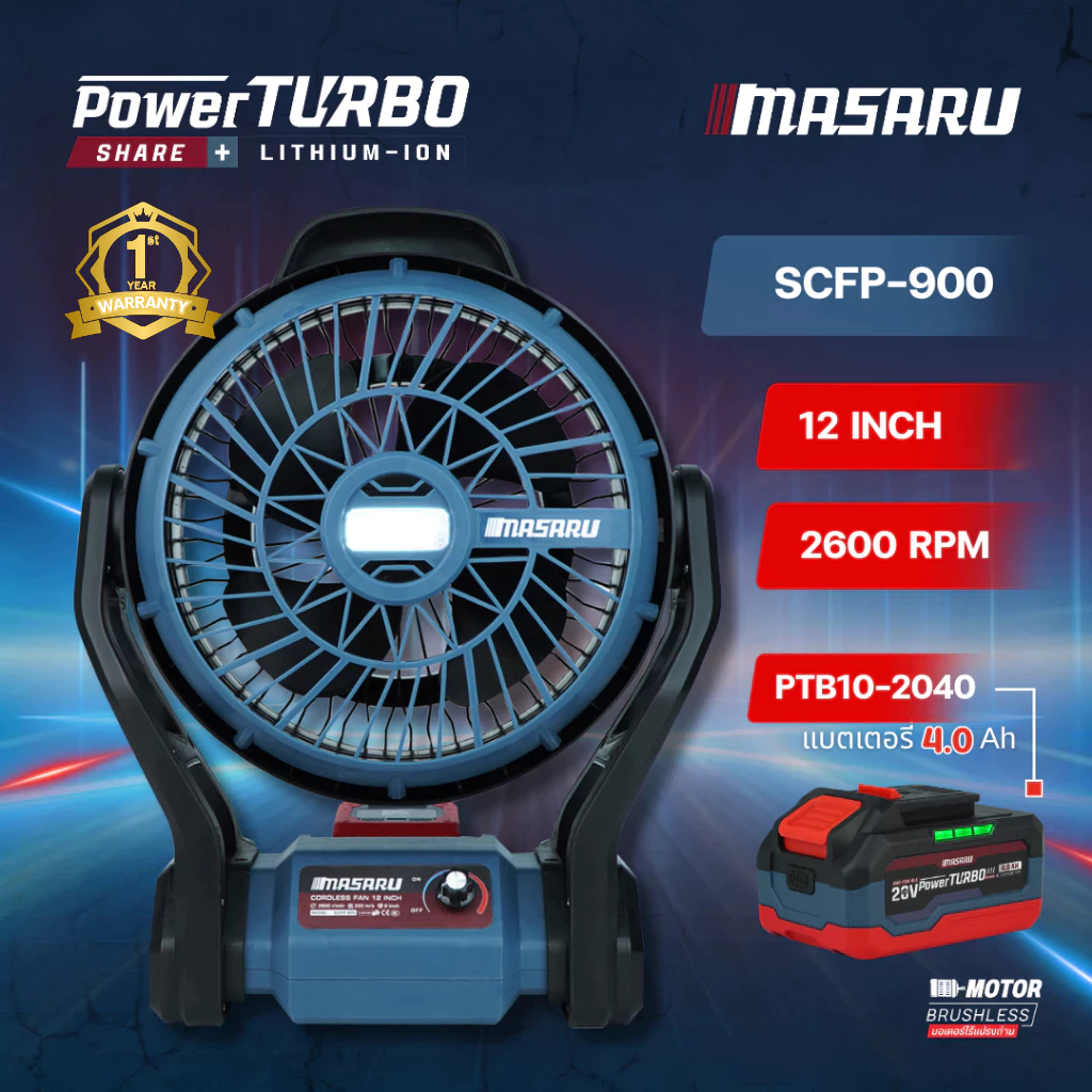 MASARU Powerturbo รุ่น SCFP-900 พัดลมไร้สาย ขนาด 12 นิ้ว ปรับแรงลมได้ 3 ระดับ มีไฟLED พัดลมพกพา