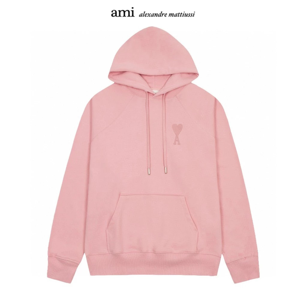 Ami Paris แบบผู้ชายและผู้หญิง เย็บปักถักร้อยหัวใจสีเดียวกัน เสื้อกันหนาวคลุมด้วยผ้า แขนยาว