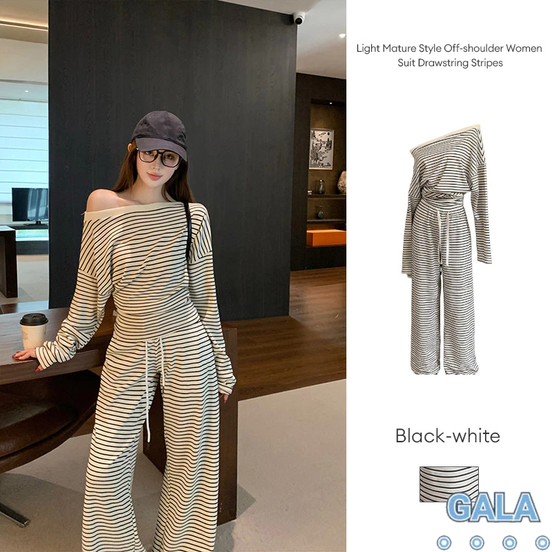 เบาสไตล์ผู้ใหญ่ปิดไหล่ผู้หญิงสูทสายรัดลายแขนยาวหลวมเสื้อยืดกางเกง GA