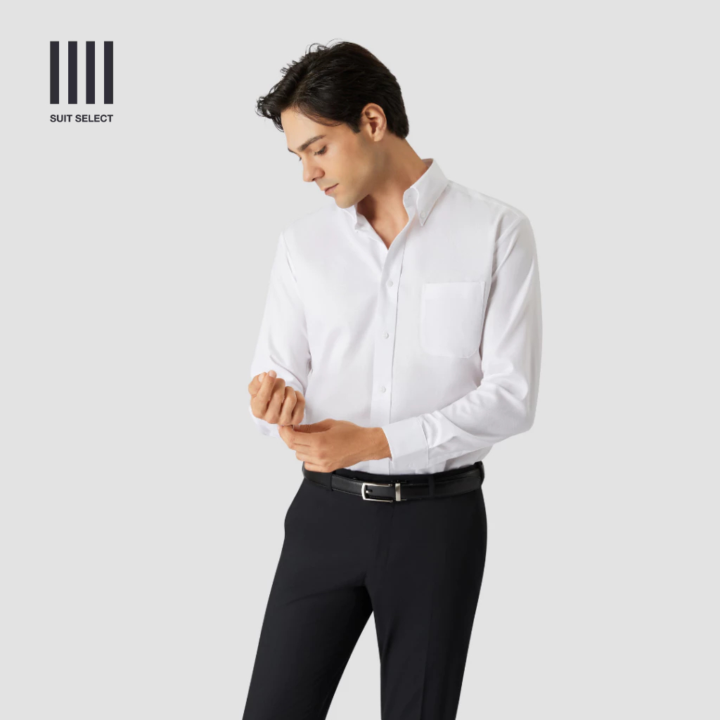 SUIT SELECT Button Down Dobby Shirt (White) เสื้อเชิ้ตสีขาว ทรงคลาสสิค รุ่น TRSL25-01