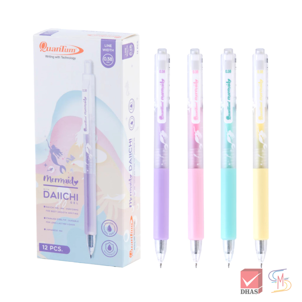 (แพ็ค 12) Quantum ปากกา ปากกาเจล เมอร์เมด 0.38 น้ำเงิน (คละสี) จำนวน 12 ด้าม