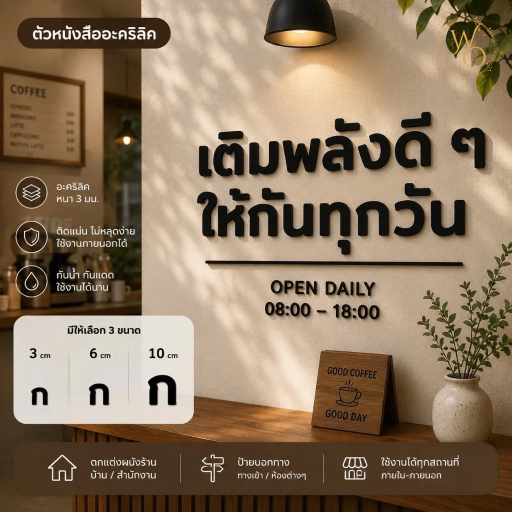 ตัวอักษรภาษาไทยอะคริลิคขนาด 3 6 และ 10 ซม. อะคริลิคหนา 3 มิล ตกแต่งห้องนอน ร้านอาหาร (แบบที่3)