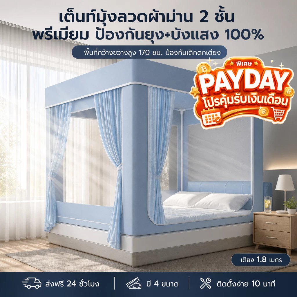 BOENIN มุ้งครอบผู้ใหญ่ 6.6ฟุต6ฟุต5ฟุต4ฟุต สามประตู มุ้งกันยุงแบบมีซิป กันแมลง พร้อมม่านเตียงรอบมุ้ง พกพาสะดวก