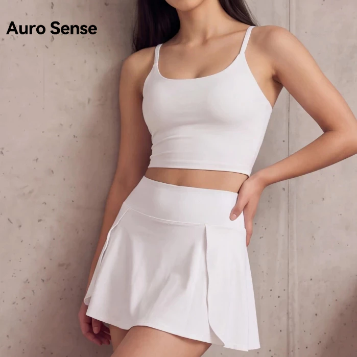 Auro Sense ชุดออกกำลังกายผู้หญิง สปอร์ตบรา กระโปรงกีฬา เอวสูง มีกางเกงซับใน ผ้ายืดแห้งไว สำหรับ เทนนิส กอล์ฟ ฟิตเนส