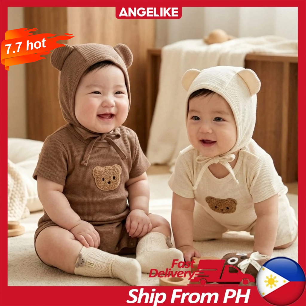 romper เด็กทารก เด็กผู้ชาย เด็กผู้หญิง แขนสั้น บอดี้สูท + หมวก 0-12 เดือน บาง ระบายอากาศ หมีน้อย วาฟเฟิล รอมเปอร์ + หมวก