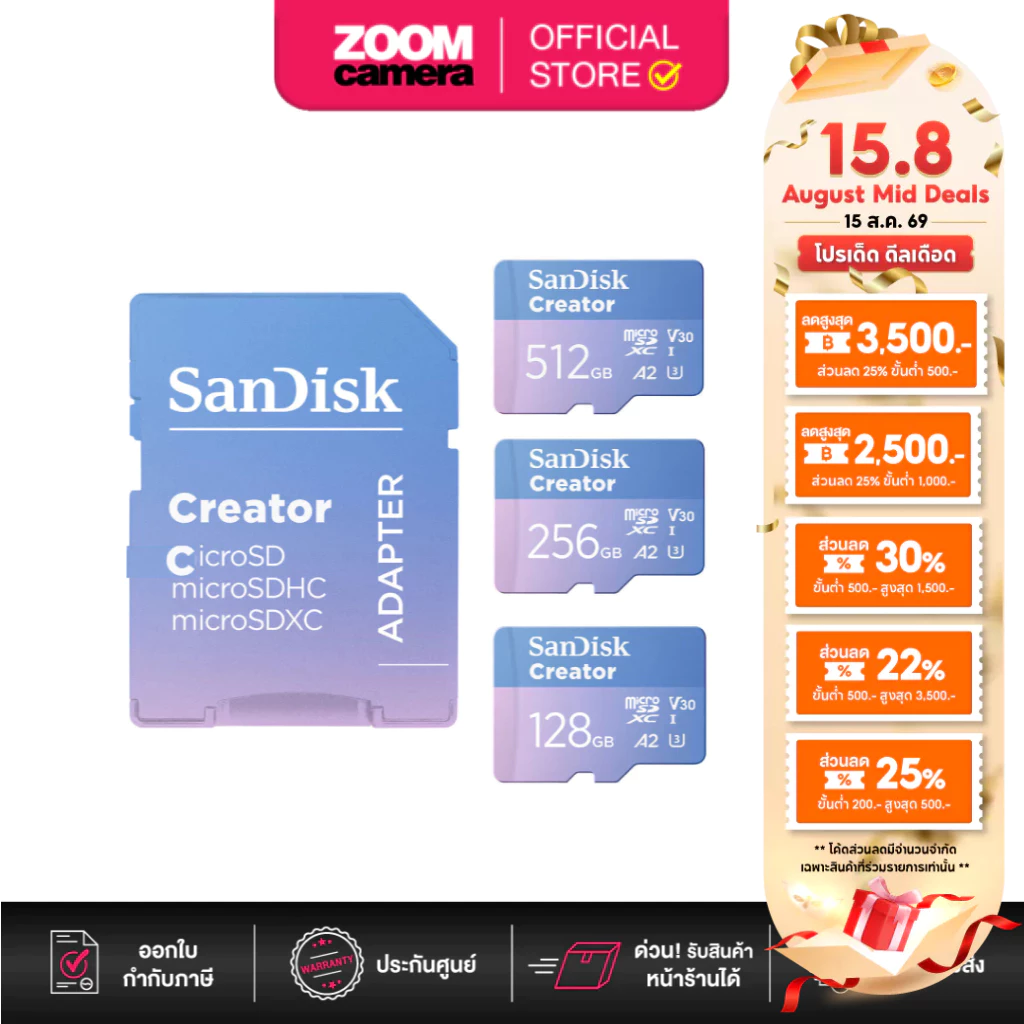 (ส่งด่วนกทม.) SanDisk Creator microSD A2 U3 V30 UHS-I Memory Card 128GB/256GB/512GB เมมโมรี่การ์ด (ประกันศูนย์)