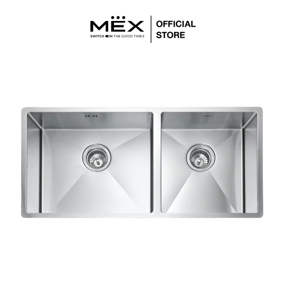 MEX รุ่น BSQ822 อ่างล้างจานชนิดติดตั้งใต้ท็อปเฟอร์นิเจอร์ 2 หลุม ขนาด 86 x 44 ซม. สเตนเลส สตีล AISI 304 หนา 1.0 มม.