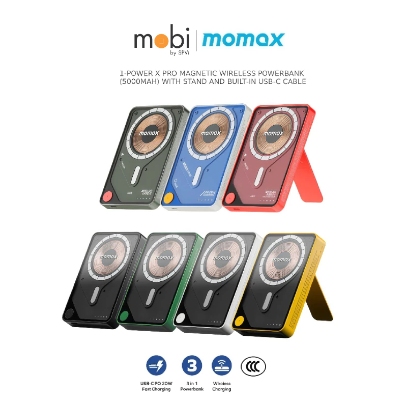 Momax 1-Power X Pro with Stand (5000mAh) พาวเวอร์แบงค์ไร้สาย+พร้อมสาย USB-C - แบตเตอรี่สำรอง มาตรฐาน (CCC)