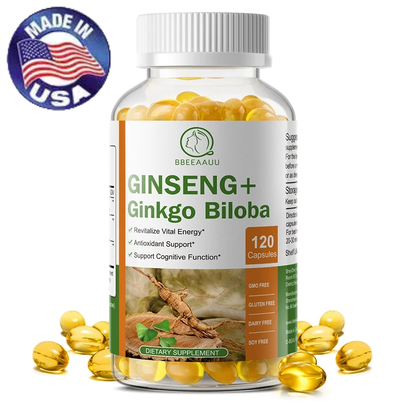 GINSENG-5000mg + Ginkgo-1000mg Bilob,กิงโกะ กิงโกะ โสมสกัด  ต่อต้านอนุมูลอิสระ, กับการอักเสบ, ช่วยการไหลเวียนโลหิต