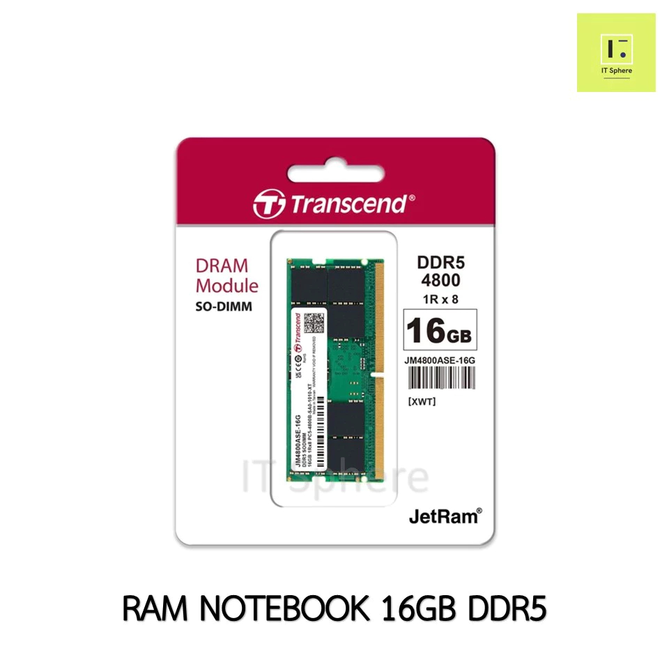 RAM NOTEBOOK DDR5 16GB BUS4800 Transcend รับประกันตลอดอายุการใช้งาน (แรม โน๊ตบุ๊ค DDR5 JM4800ASE-16G