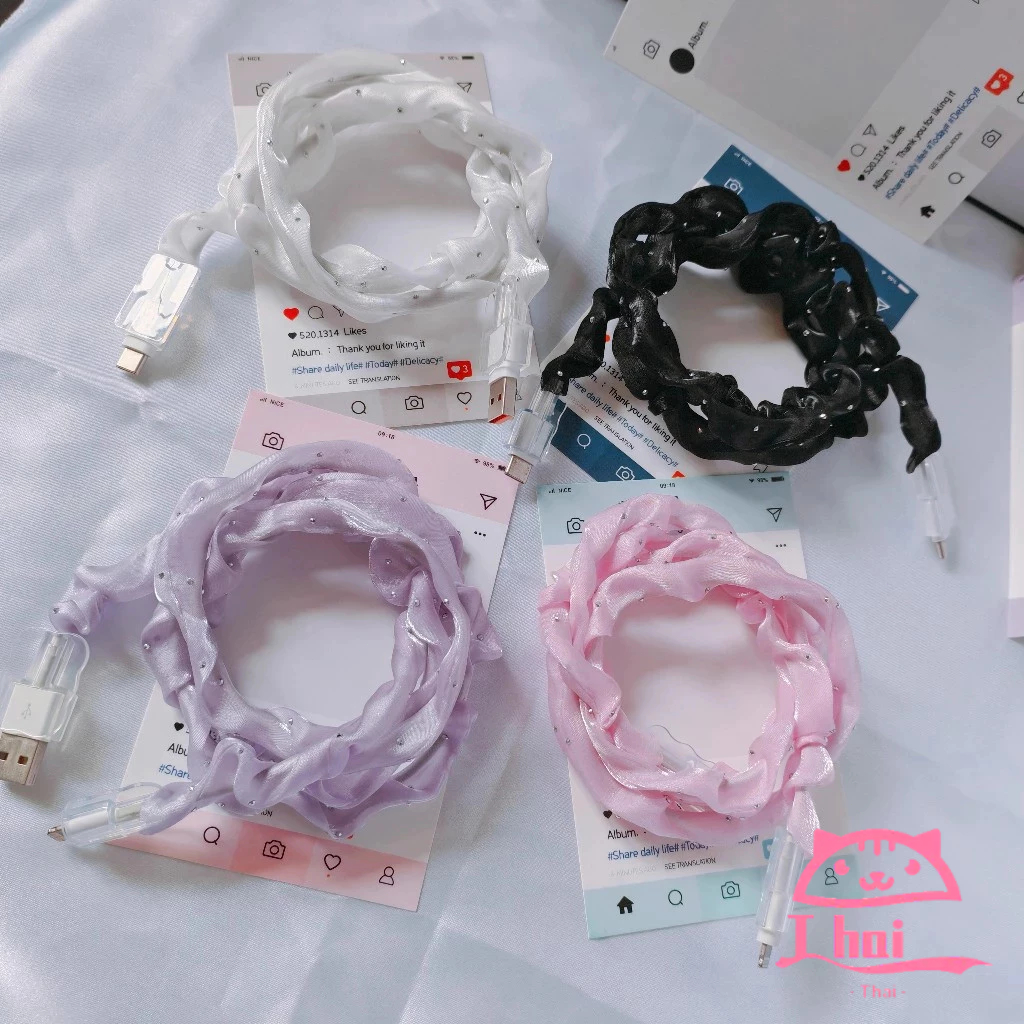 🚚Thai🚚ตาข่ายน่ารักสายเคเบิลข้อมูลฝาครอบป้องกันสาวสายชาร์จม้วนเก็บป้องกันป้องกันฝุ่น cable protector Anti Dust