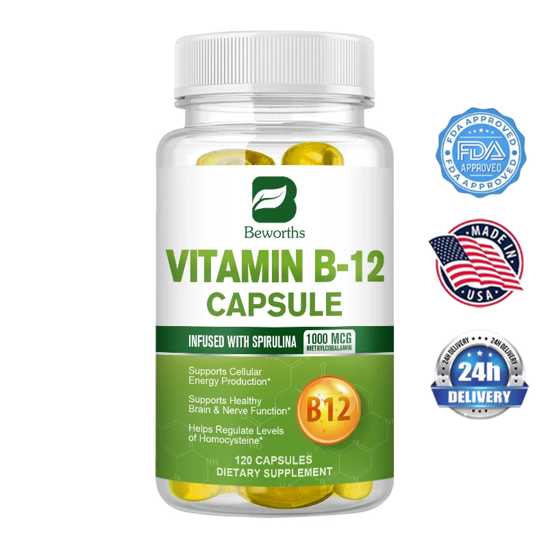 Vitamin B12 Capsule 1000 mcg with Organic Spirulina อินทรีย์สนับสนุนอารมณ์สุขภาพพลังงาน สุขภาพหัวใจและตา