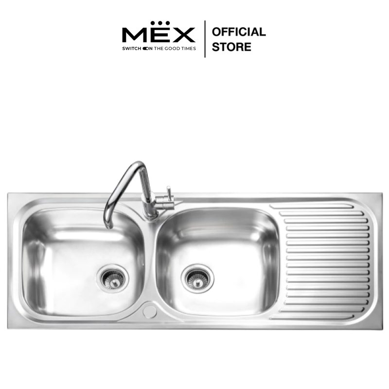 MEX รุ่น MS200B อ่างล้างจาน 2 หลุม 1 ที่พัก ขนาด 120 x 50 สเตนเลส สตีล AISI 304