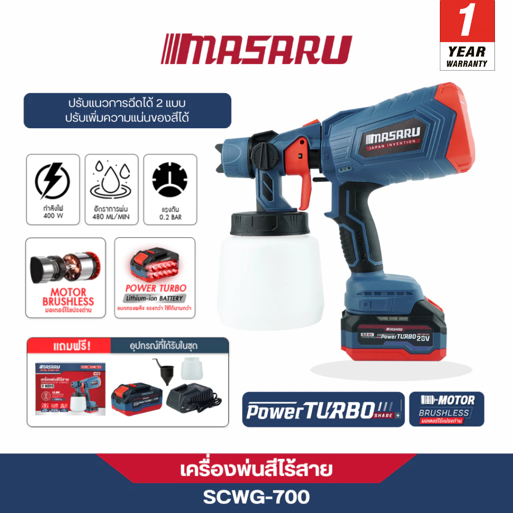MASARU เครื่องพ่นสีไร้สาย รุ่น SCWG-700 ปรับการฉีดได้ 2 แบบ ประกอบง่าย น้ำหนักเบา จับถนัดมือ