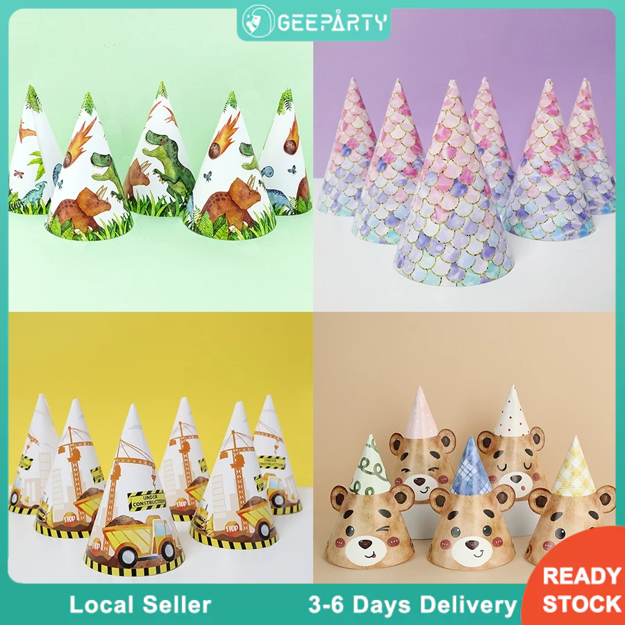 GeeParty ชุดหมวกวันเกิดเด็ก 6 ชิ้น น่ารัก สำหรับตกแต่งปาร์ตี้ ของขวัญธีมสัตว์ ไดโนเสาร์ เมอร์เมด ก่อสร้าง