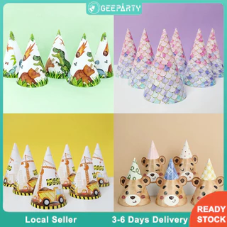 GeeParty ชุดหมวกวันเกิดเด็ก 6 ชิ้น น่ารัก สำหรับตกแต่งปาร์ตี้ ของขวัญธีมสัตว์ ไดโนเสาร์ เมอร์เมด ก่อสร้าง