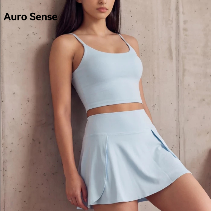 Auro Sense ชุดออกกำลังกายผู้หญิง สปอร์ตบรา กระโปรงกีฬา เอวสูง มีกางเกงซับใน ผ้ายืดแห้งไว สำหรับ เทนนิส กอล์ฟ ฟิตเนส