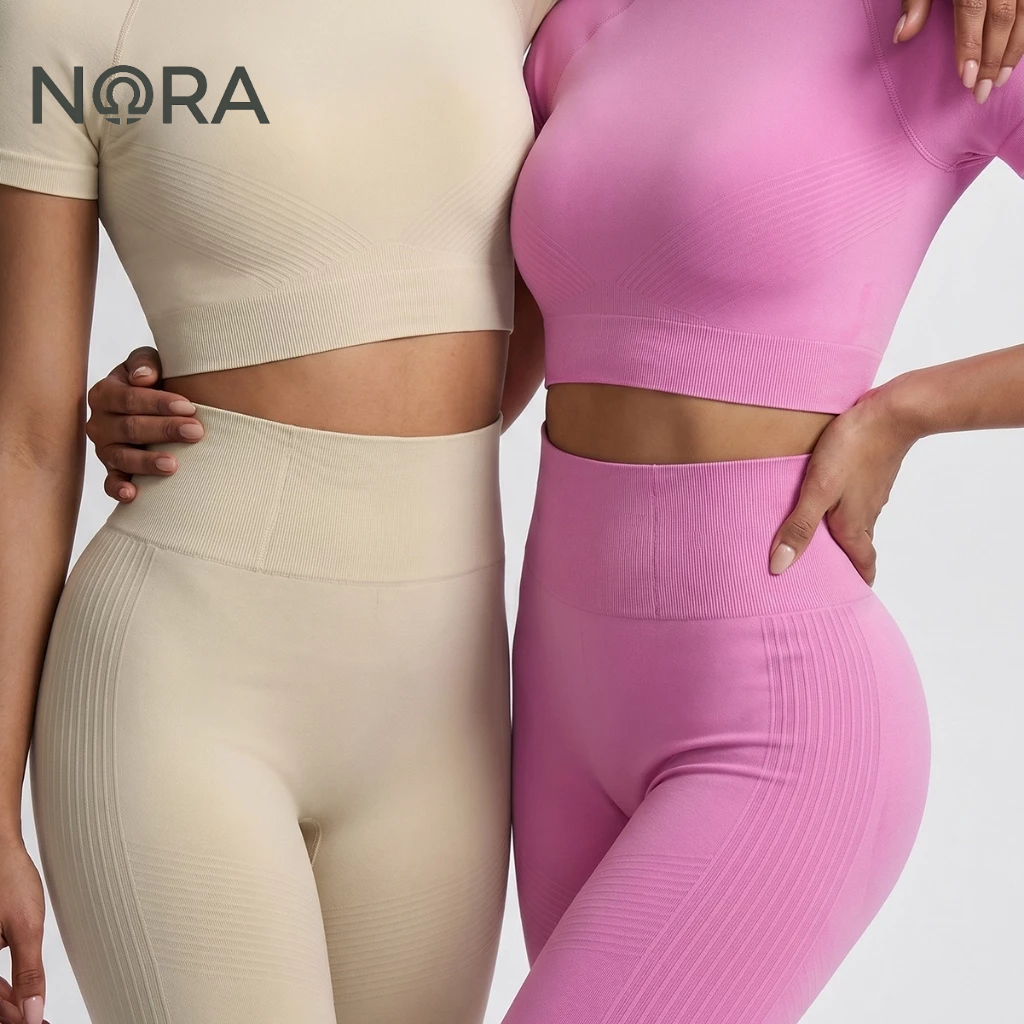 NORA ชุดออกกำลังกายไร้ตะเข็บ เสื้อครอปแขนสั้น เลกกิ้งเอวสูง ผ้ายืดนุ่ม กระชับสัดส่วน ใส่พิลาทิสและทุกวัน
