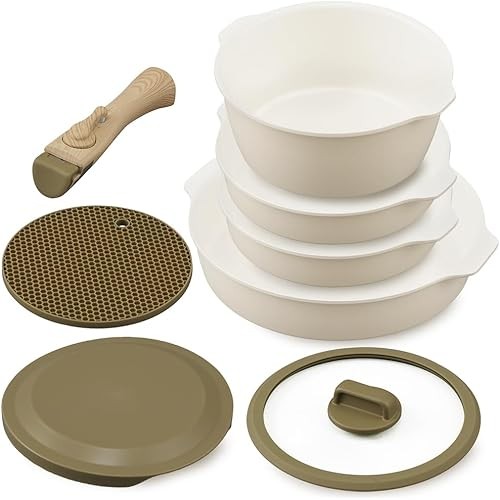 IRIS OHYAMA Iris Oyama ชุดกระทะทอด 8 ชิ้นที่สามารถเปลี่ยนเป็นเซรามิกที่ใช้แก๊ส-คงที่และเหนี่ยวนําได้