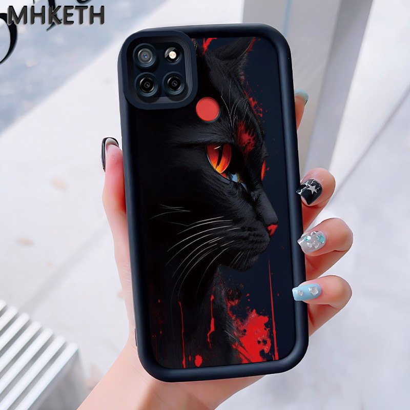 MHKEID เคสสำหรับ Realme C12 C25 C25s Narzo 20A Narzo 30A Narzo 50A เคสโทรศัพท์ซิลิโคนกันกระแทกลายแมวสีดำสุดเท่