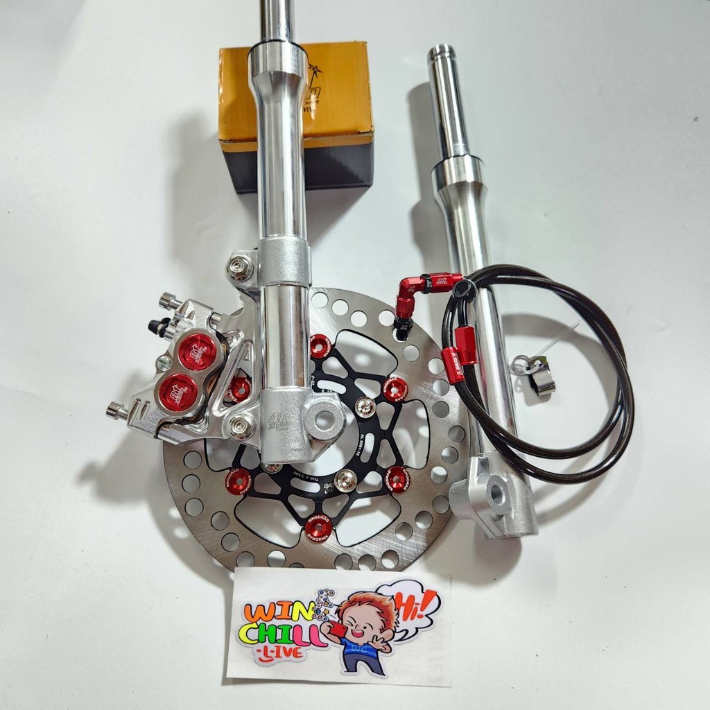 ชุด6ชิ้น กระบอกโช้ค + แกนตัด2.5 นิ้ว สีเงิน + ปั๊มเงินหมุดแดง 8.1 แทนCNC + ขาปั๊ม + จานดำหมุดแดง + น็อต 8 ตัว + สายเบรค