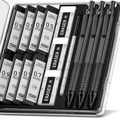 Four Candies 0.5&0.7&0.9mm metal mechanical pencil set with case, 3 pencils, 480 HB lead refills, er