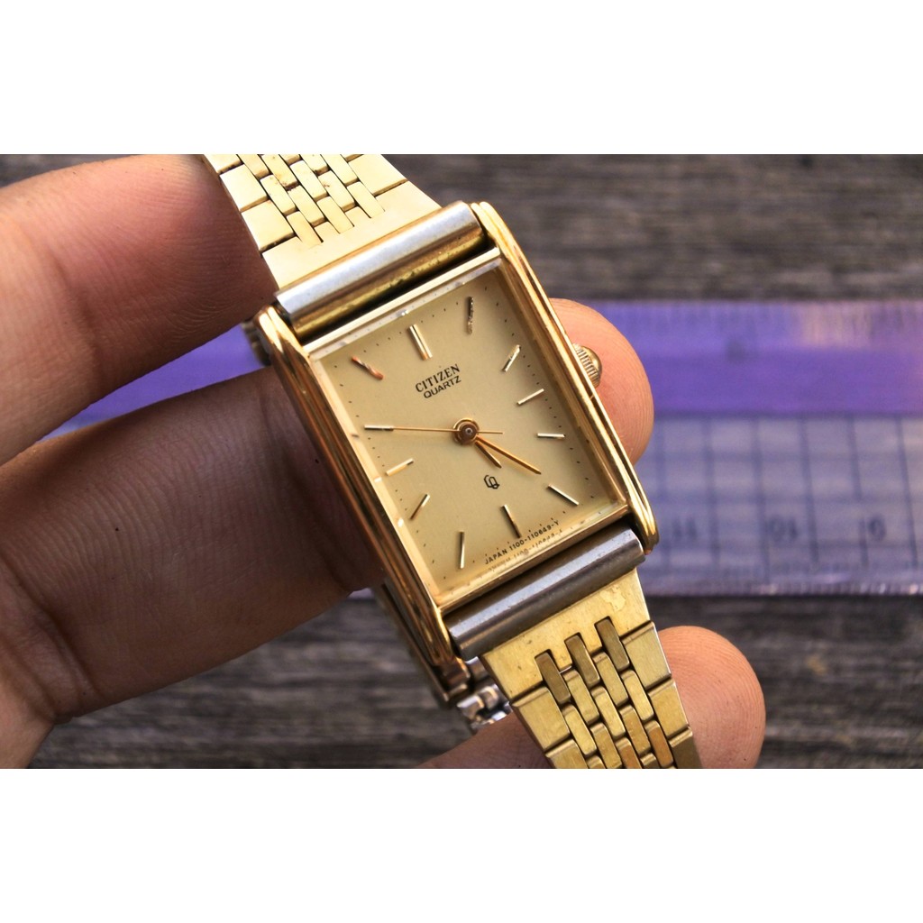 นาฬิกา Vintage มือสองญี่ปุ่น Citizen Gold Plate 49 2523 Yellow Dial ผู้หญิง Quartz สี่เหลี่ยม Tank 2