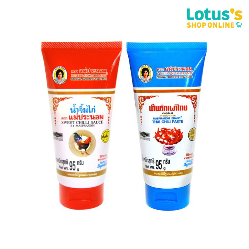แม่ประนอม น้ำจิ้มไก่ และน้ำพริกเผาไทย หลอดบีบ ขนาด 95 กรัม MAEPRANOM SWEET CHILLI SAUCE AND THAI CHILLI PASTE TUBE 95 G.