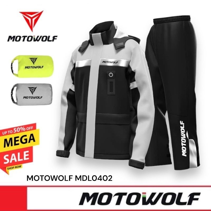 ส่งด่วน⚡️🔥 MOTOWOLF MDL 0402 Raincoat ชุดกันฝน เสื้อกันฝนพร้อมกางเกงสำหรับมอเตอร์ไซด์ พร้อมไฟฉุกเฉิน