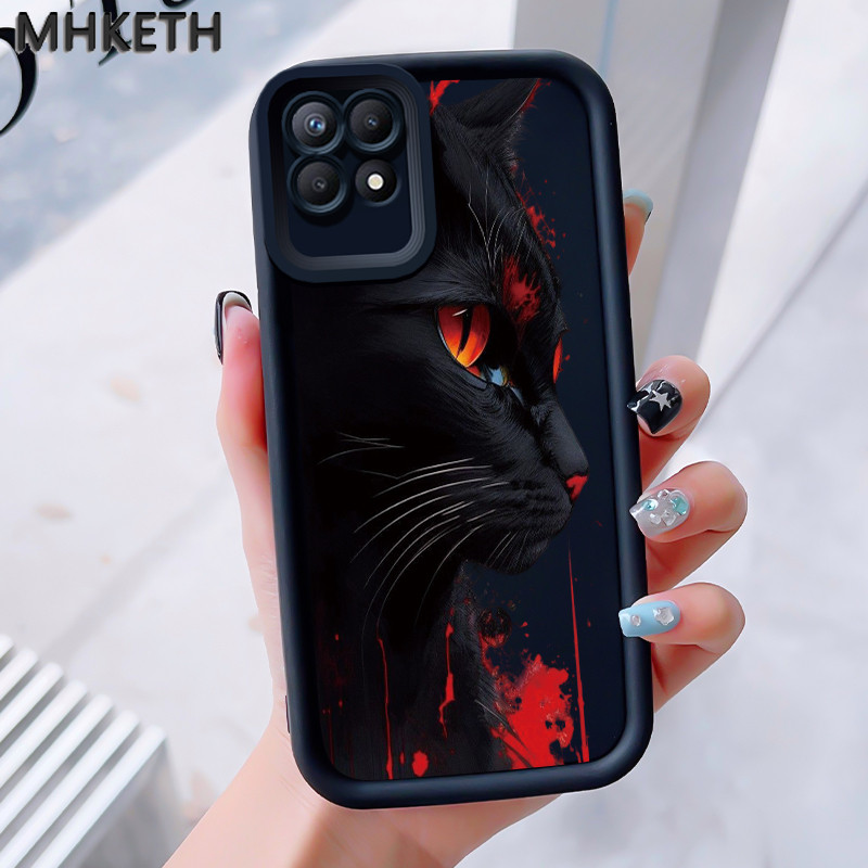 MHKEID เคสสำหรับ Realme 8i Narzo 50 เคสโทรศัพท์ซิลิโคนกันกระแทกลายแมวสีดำสุดเท่