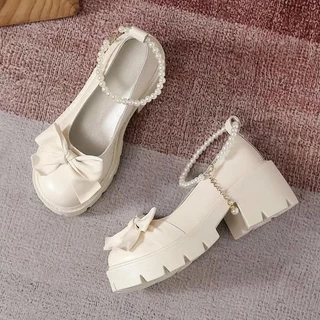 JSNB ส่งฟรี รองเท้าคัทชูส้นสูง แมรี่เจน ประดับข้อมุก พร้อมส่ง รองเท้าส้นสูง คัทชูใส่ทำงาน ใส่เที่ยวได้ [LN058]