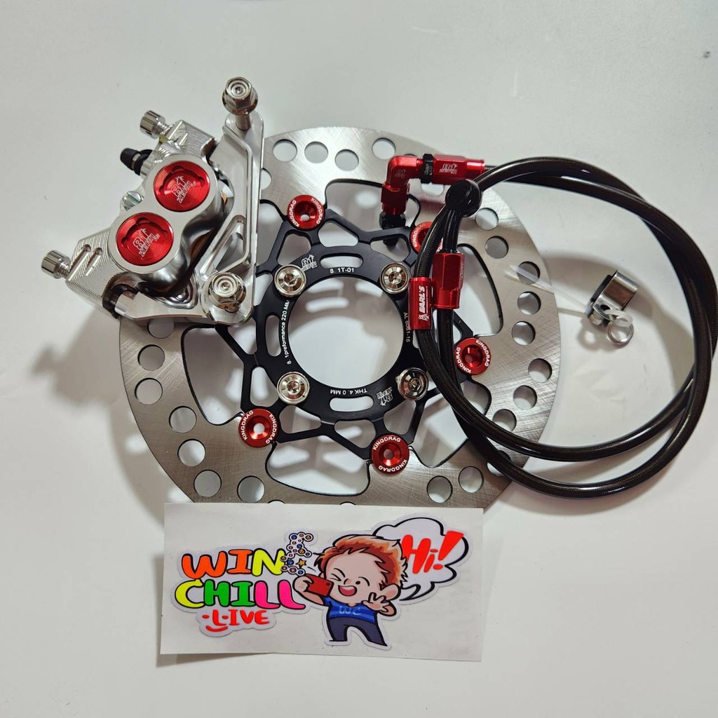 ชุด5ชิ้น ปั๊มเงินหมุดแดง 8.1 แทนCNC + ขาปั๊ม + จานดำหมุดแดง + น็อต 8 ตัว + สายเบรค สีแดง ZERN8.1 หัว90 WAVE110i / WAVE1