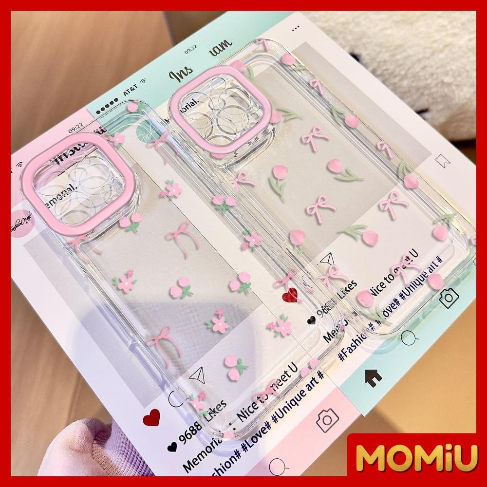 MOMiU - เข้ากันได้สำหรับ เคสไอโฟน11 เคส iphone 16 Pro Max 7Plus XR 12 13 14 15 เคสใส ดอกไม้โบว์สีชมพู