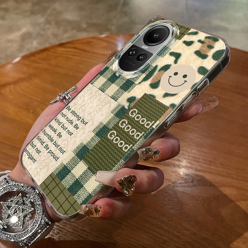 เคสสำหรับ OPPO Reno 10 5G Reno 10 PRo 5G Reno 8T Reno 6 เคสโทรศัพท์หน้ายิ้มสีเขียวลายสก๊อต