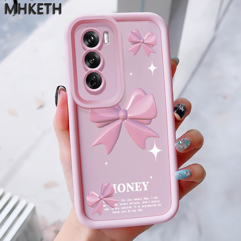 MHKEID เคสสำหรับ OPPO Reno 12 5G เคสป้องกันโทรศัพท์ตกลายโบว์สีชมพู