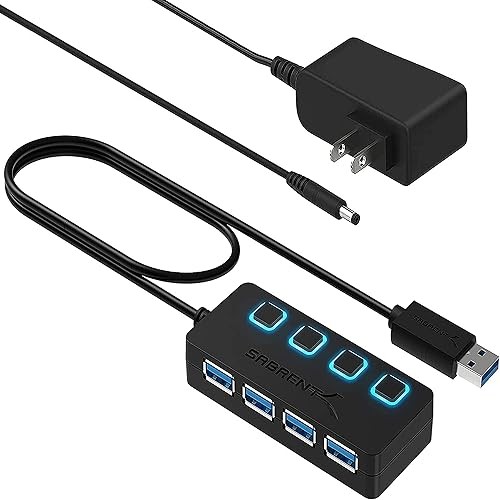 SABRENT usb hub powered 3.2 Gen 1, 4 ports with 5V/2.5A power adapter LED switch for SuperSpeed 5Gbp