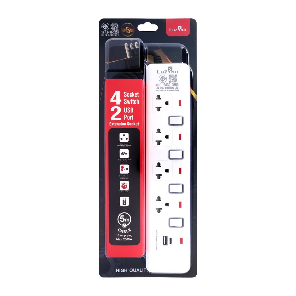 รางปลั๊กไฟ 4 ช่อง 4 สวิตช์ 1 USB-A 1 USB-C (2.4A) ยาว 5 รูปที่ 6
