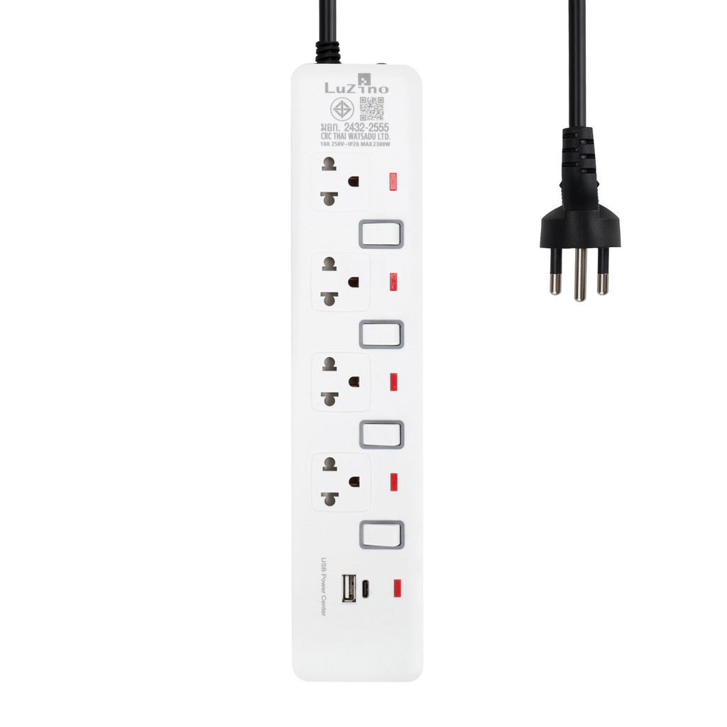 รางปลั๊กไฟ 4 ช่อง 4 สวิตช์ 1 USB-A 1 USB-C (2.4A) ยาว 5 เมตร LUZINO รุ่น EI-104UC สีขาว - เทา