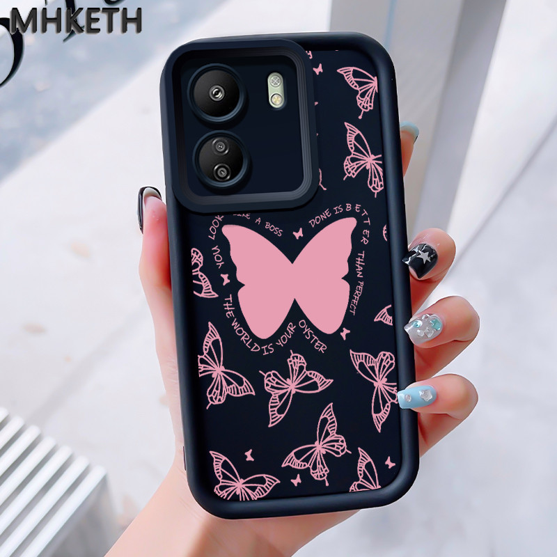MHKEID เคสสำหรับ Xiaomi Redmi 13C POCO C65 เคสโทรศัพท์ผู้หญิงรูปผีเสื้อสีชมพู