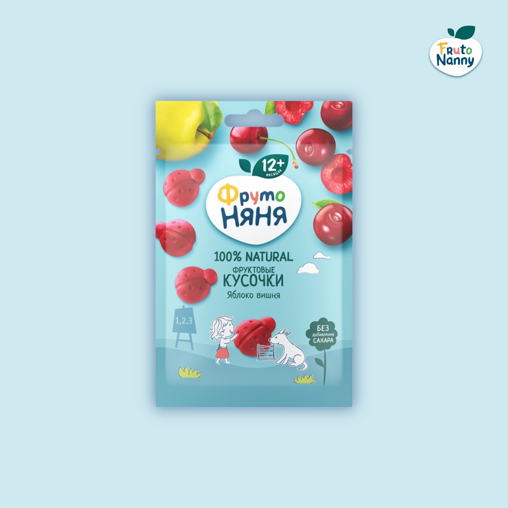 Frutonanny ชิ้นผลไม้ 100% ออร์แกนิค รสแอปเปิ้ลและเชอร์รี่ ขนมขบเคี้ยวเพื่อสุขภาพสำหรับเด็ก